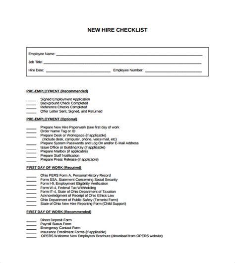 New Hire Checklist Template Template Business