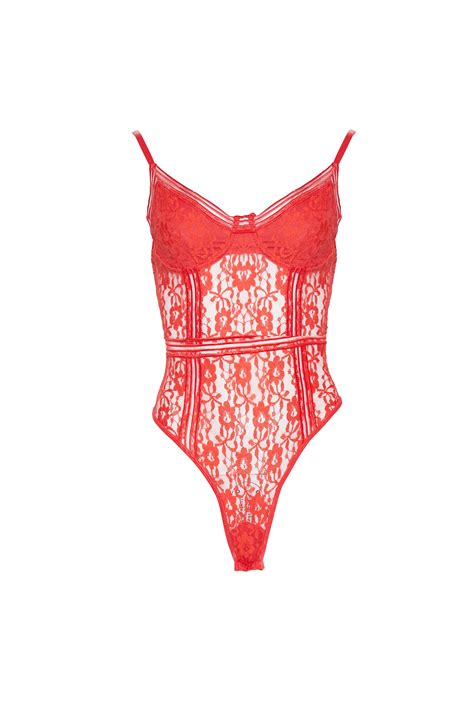 Red Lace Cupped Stripe Lace Body Lingerie Prettylittlething Ksa