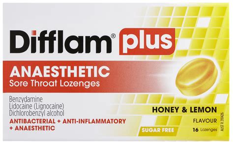 Difflam Plus Anaesthetic Sore Throat Lozenges Honey And Lemon Flavour 16s