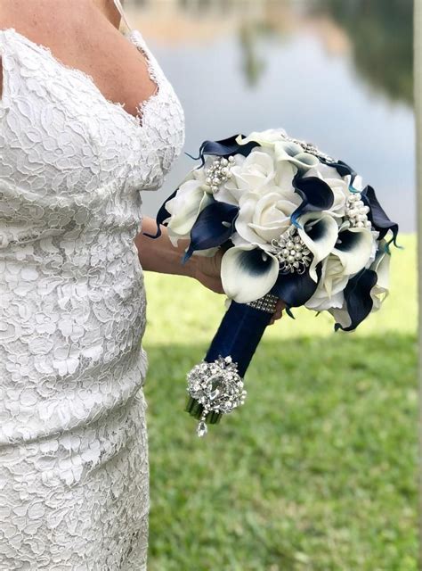 Ivory Peony Bouquet Rose And Lily Bouquet Navy Blue Bouquet White