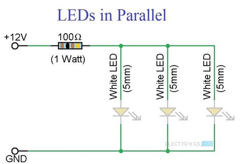 The circuit diagram for leds in parallel connection is shown in the following image.simple led circuits: Simple LED Circuits: Single LED, Series LEDs and Parallel LEDs