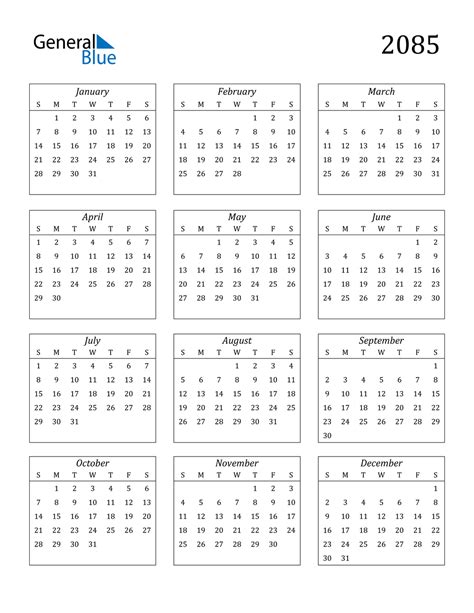 2085 Calendar Pdf Word Excel