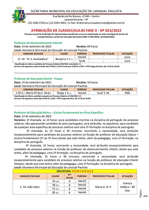 Atribuição de classes aulas fase II nº 023 2022 Prefeitura do