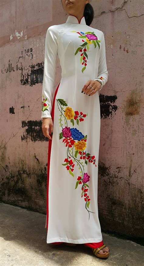 White Ao Dai Vietnamese Dress Embroidered Flower Pattern Tailor Made To Your Measurements