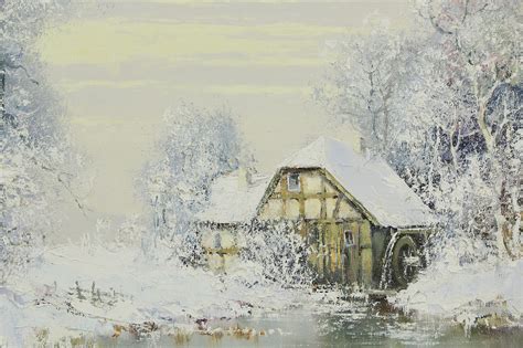 Sold Old Mill And Water Wheel In Winter Vintage Original Oil Painting