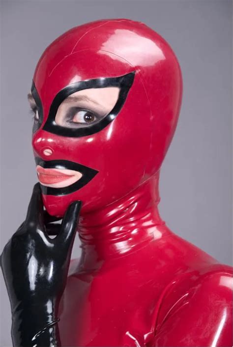 Latex Red Hood Fetish Rubber Mask 04mm Thickness Latex Rubber Skin Tight Mask With Back Zip In