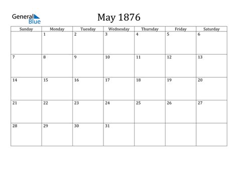 May 1876 Calendar Pdf Word Excel