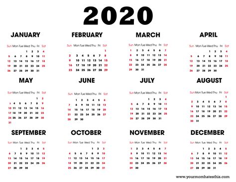 Yearly 2020 Printable Calendar Templates Pdf Word Excel Free