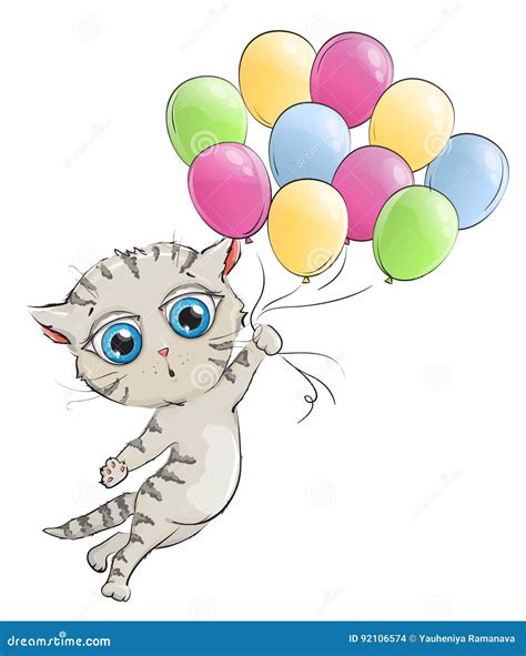 Kitten Flying Colored Balloons On A White Background Stock Vector