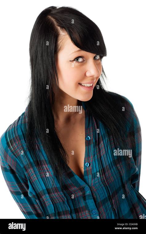 Beautiful Brunette Teenage Girl Posing On White Background Stock Photo
