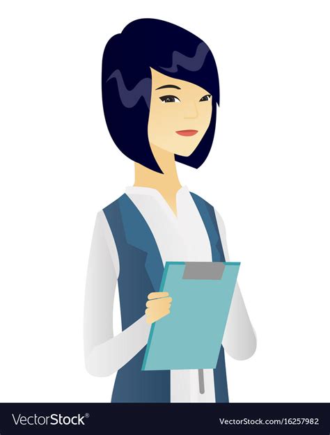 Asian Female Office Worker Holding A Clipboard Vector Image