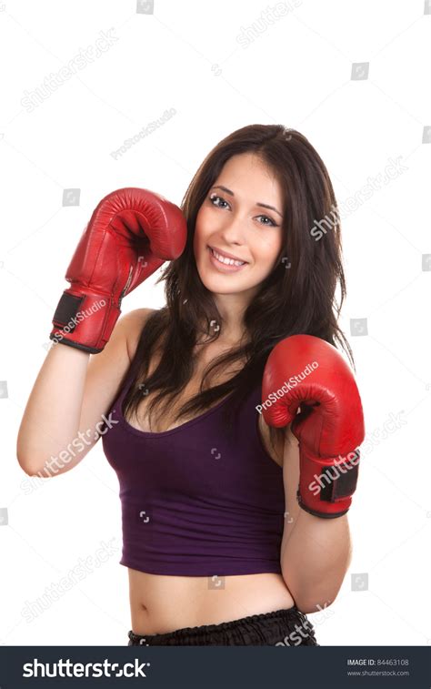 Young Beautiful Boxer Woman Smile With Red Boxing Gloves Isolated On