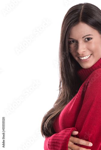 schöne junge frau mit langen schwarzen haaren in rot isoliert stock foto adobe stock
