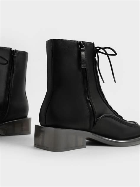 Black Fleur Leather Lace Up Boots Charles And Keith Mx
