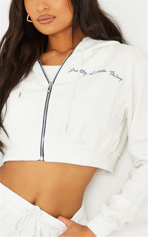 Plt Cream Cropped Embroidered Zip Hoodie Prettylittlething
