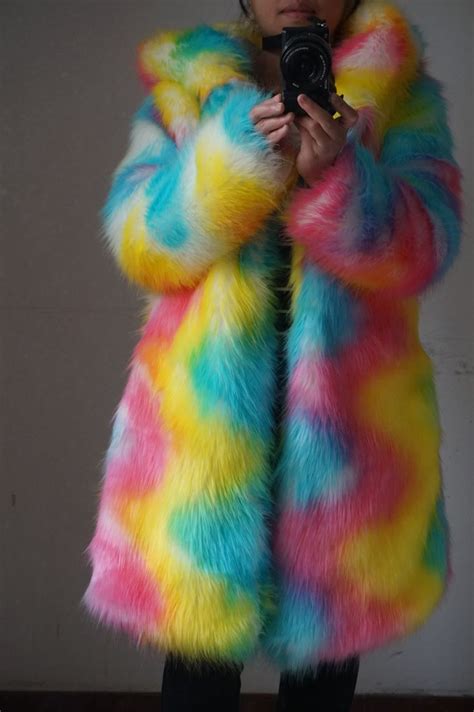Fall Winter Hooded Women Sugar Rainbow Festival Coat Colorful Fake Faux