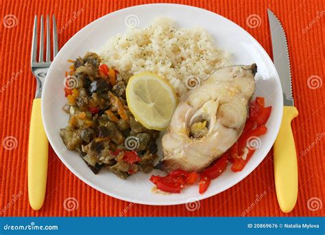 Boiled Fish With Rice And Vegetables Stock Photo Image Of Fish Rice