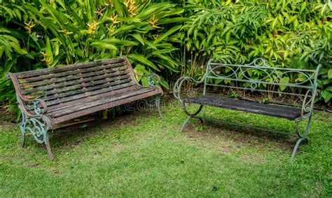Metal Bench On Green Grass Stock Photo Image Of Green 82156120