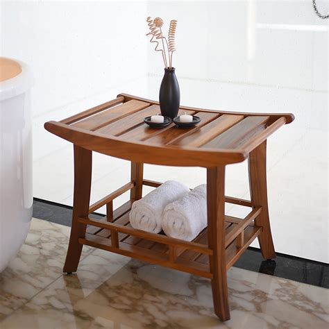 Dussi Solid Teak Wood Shower Bench Stool With Shelf Cambridge Casual