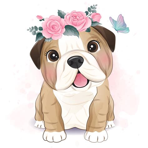 Cute Bulldog Clipart With Watercolor Illustration