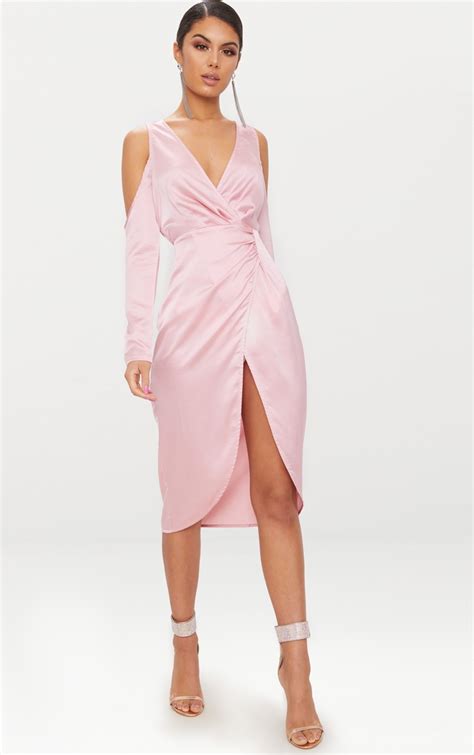 Dusty Pink Satin Cold Shoulder Plunge Wrap Detail Midi Dress