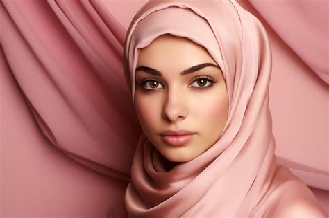 Premium AI Image Portrait Of A Beautiful Muslim Woman In A Pink Hijab Ai Generated