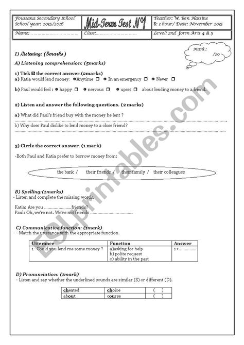 Mid Term Test N°1 Second Form Esl Worksheet By Wafouta