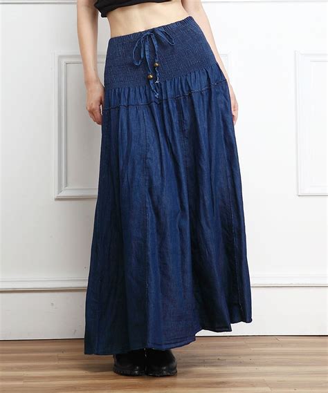 Dark Blue Shirred Denim Maxi Skirt Zulily Americana Classic Modest