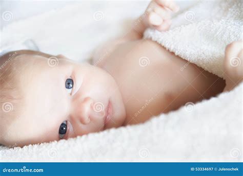 Newborn Tiny Baby Lying On The Bed Close Up Stock Image Image Of
