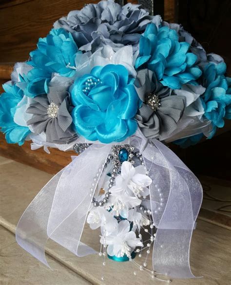 Teal And Gray Fabric Wedding Bridal Bouquet 2484208