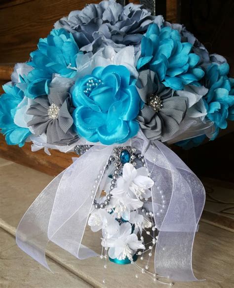 Teal And Gray Fabric Wedding Bridal Bouquet 2484208 Weddbook