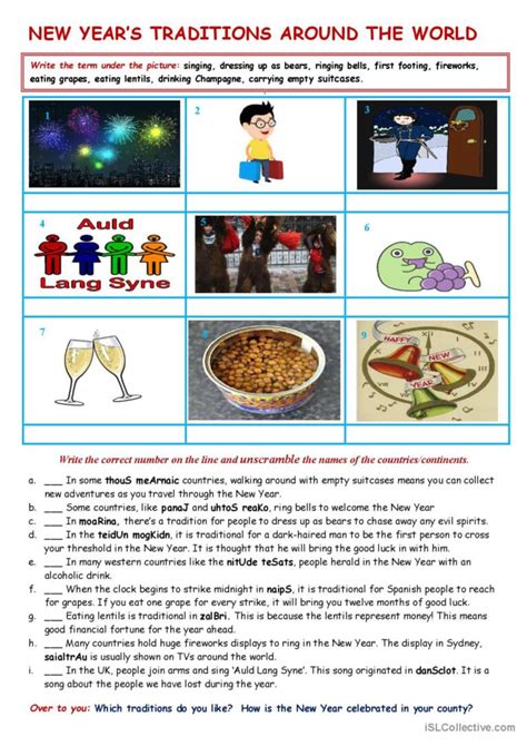 New Year S Traditions Around Th English Esl Worksheets Pdf Doc