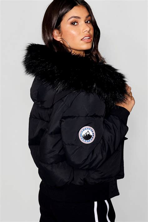 Black Faux Fur Hood Crop Puffer Jacket Fur Hood Jacket Puffer Coat