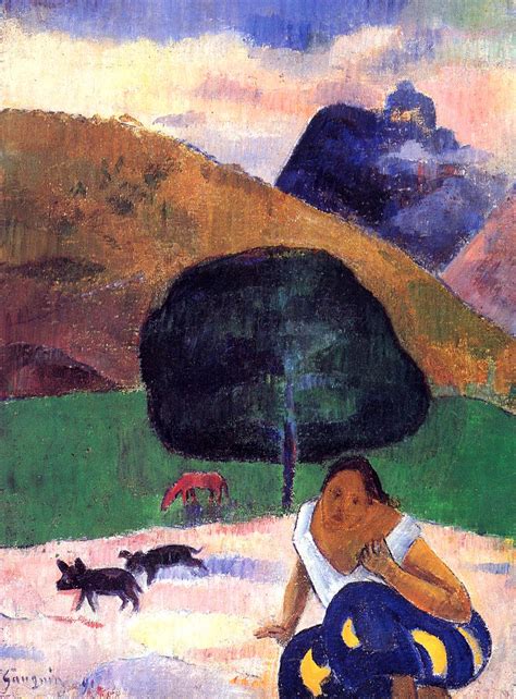 Landscape With Black Pigs And A Crouching Tahitian Paul Gauguin