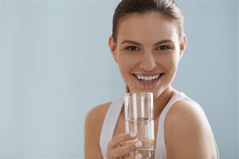Drink Water Smiling Woman Holding Fresh Pure Water In Glass Stock