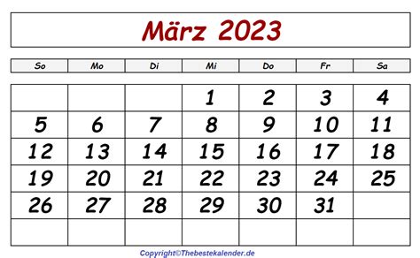 Druckbare März 2023 Kalender Zum Ausdrucken