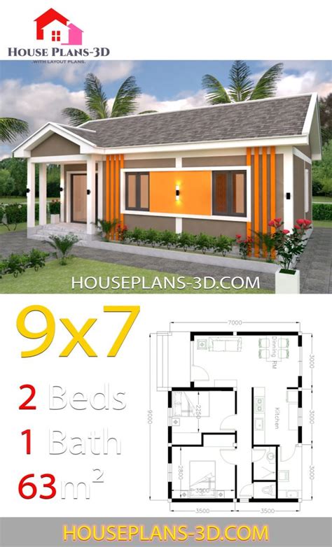 House Plans 9x7 With 2 Bedrooms Hip Roof House Plans 3d 057