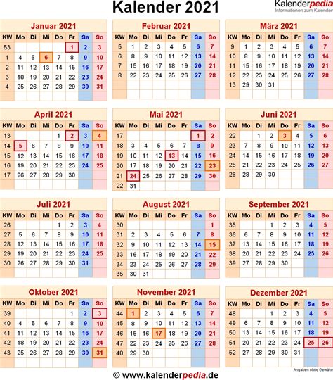 Personalize the spreadsheet calendars using the online excel calendar maker. Kalender 2021 Mit Excel/pdf/word-Vorlagen, Feiertagen ...