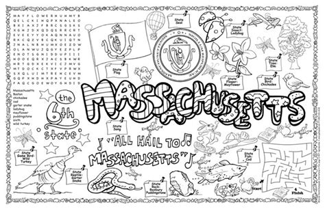 It contains beautifully rendered outlines of each state's symbols including bird, flower, tree, and license plate. Massachusetts Symbols & Facts FunSheet - Pack of 30