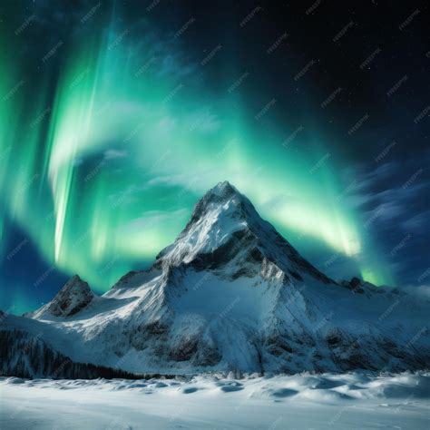 Premium AI Image | a snowy mountain with green lights in the sky