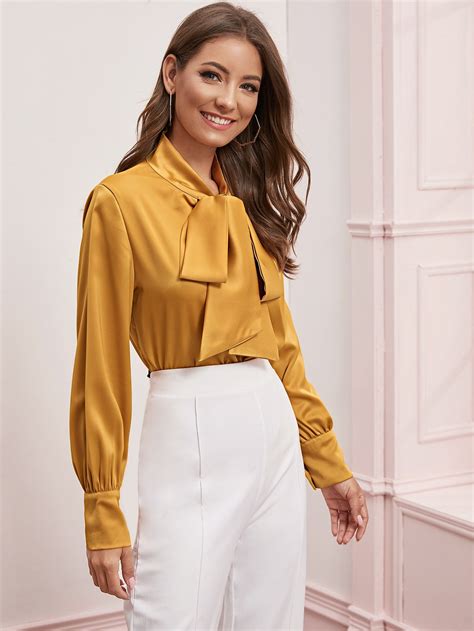Ad Solid Tie Neck Pullover Satin Blouse Tags Elegant Yellow Plain