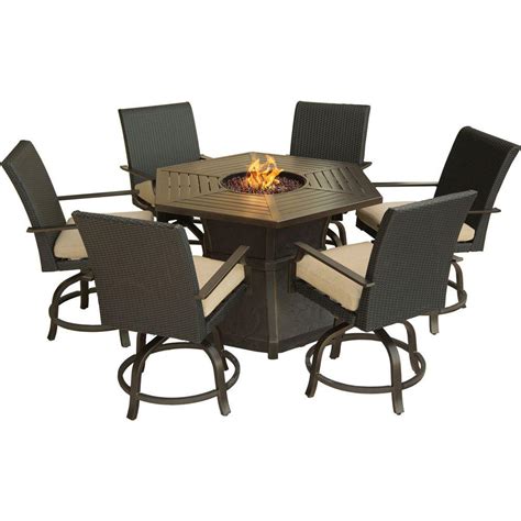 Castle island fire pit table. Hanover Aspen Creek 7-Piece Patio Fire Pit Dining Set with ...