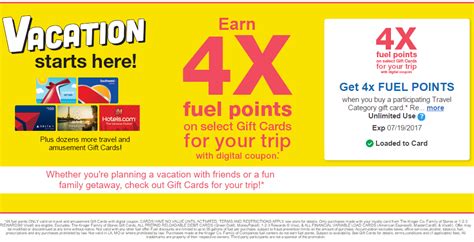 The gift card promotion is back again and you can earn 4x fuel points when you buy participating gift cards! 4x Kroger Fuel Points When You Buy Gift Cards - Valid Until July 19