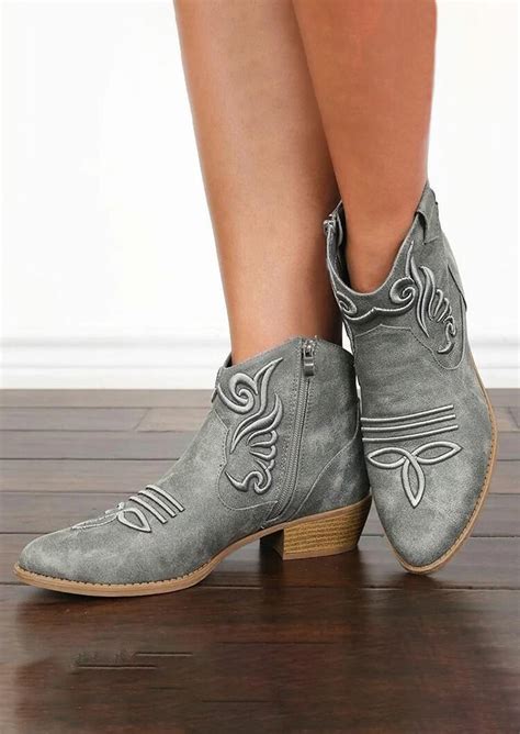 Western Cowgirl Slip On Chunky Heel Ankle Boots Gray Fannyme
