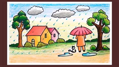 How To Draw Rainy Season Scenery For Kids Step By Step Village