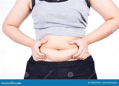 Fat Woman Holding Excessive Fat Belly Overweight Fatty Belly On Over