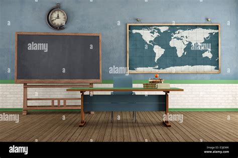 Vintage Classroom With Blackboard Teachers Desk And World Map On Wall