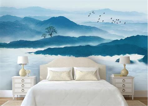 Abstract Ink Blue Mountains Landscape Wallpaper Wall Mural Etsy