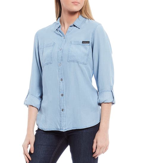 Calvin Klein Jeans Button Front Long Roll Tab Sleeve Shirt Dillards