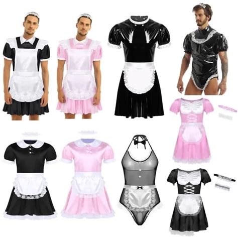 Sissy Mens French Maid Role Play Costume Outfits Shiny Metallic